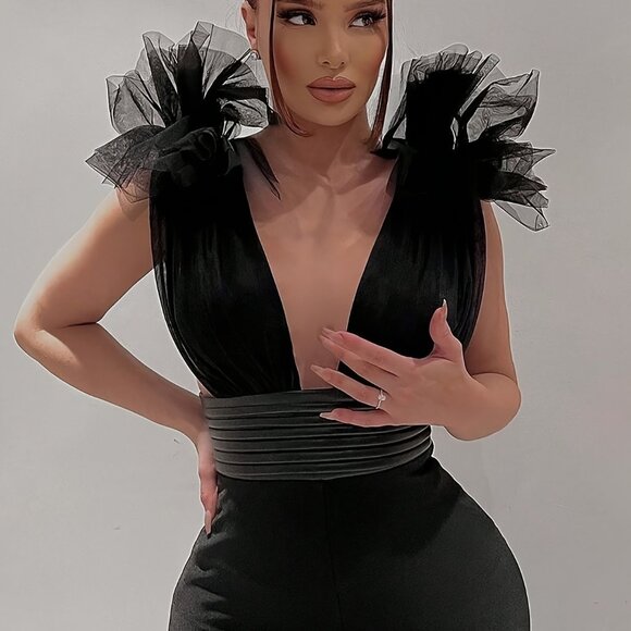 Glamorous Stretch Black Jumpsuit Deep V Neck Bodysuit W/ Oversized Tulle Flower - Picture 1 of 7